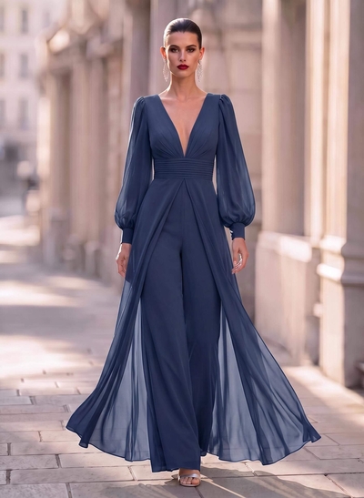 Jumpsuit/Pantsuit Plunge Neck Long Sleeves Floor-Length Chiffon Mother Of The Bride Dresses With Overskirt Dress