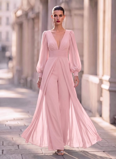 Jumpsuit/Pantsuit Plunge Neck Long Sleeves Floor-Length Chiffon Mother Of The Bride Dresses With Overskirt Dress