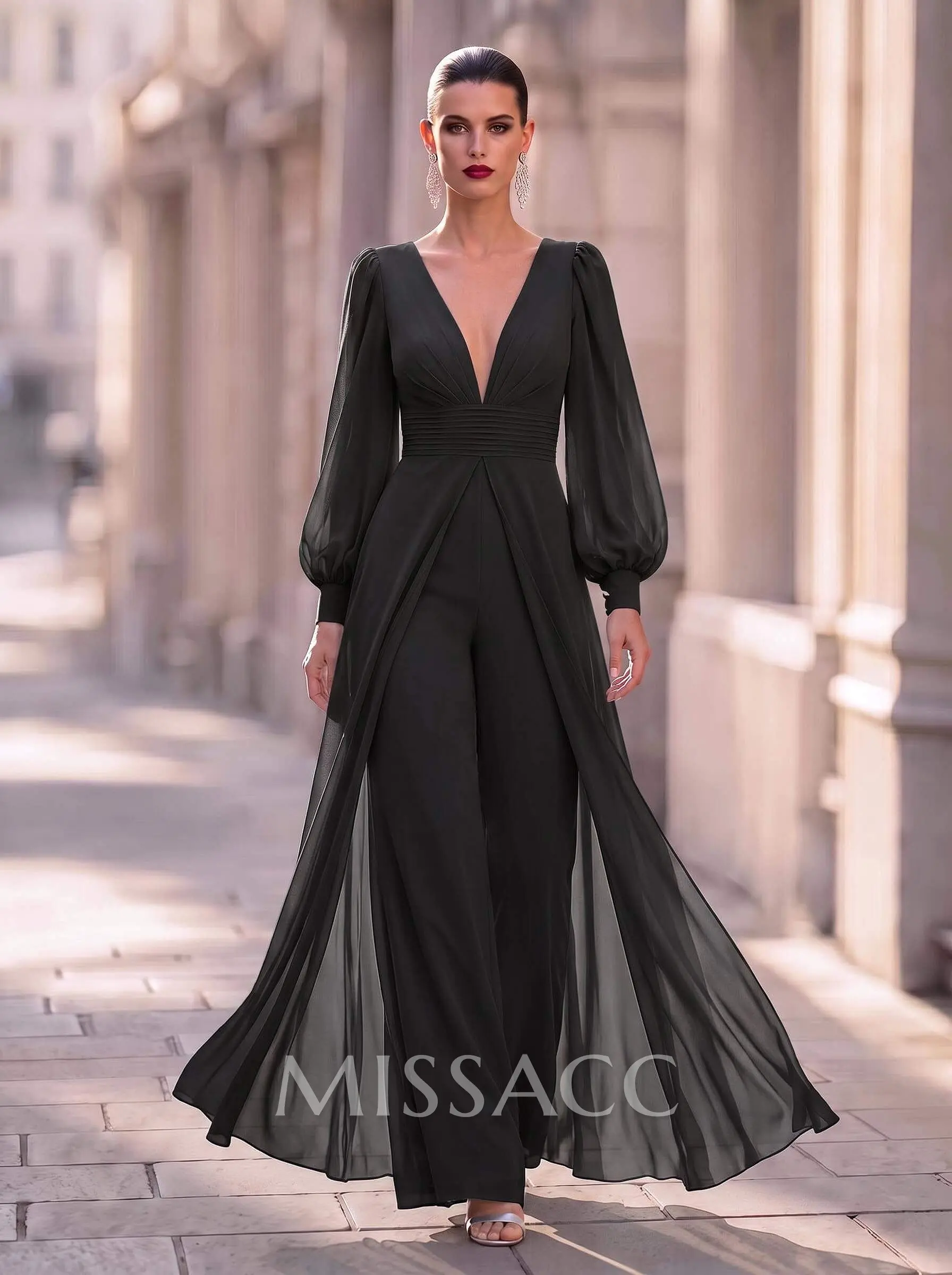 Jumpsuit/Pantsuit Plunge Neck Long Sleeves Floor-Length Chiffon