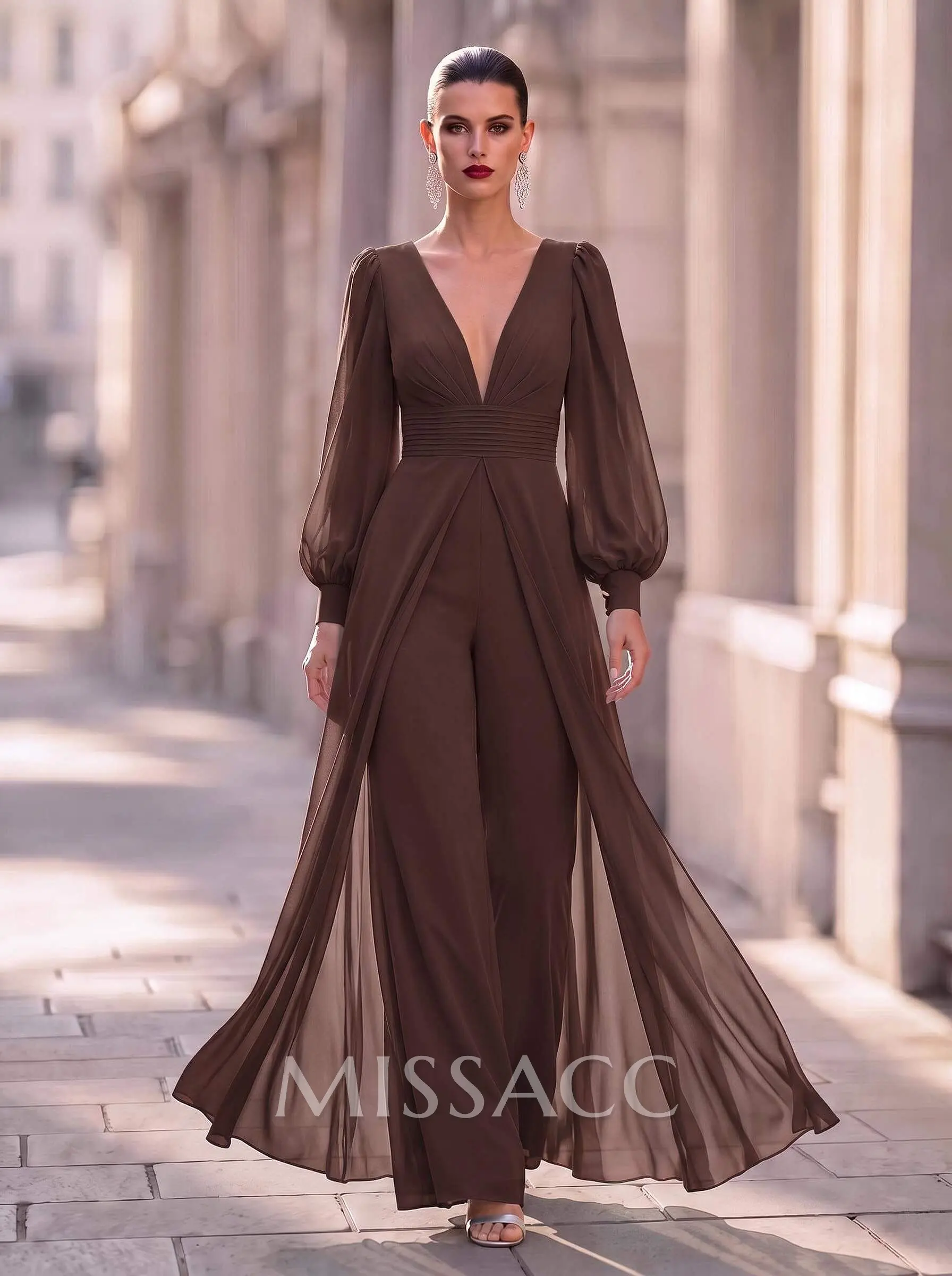 Jumpsuit/Pantsuit Plunge Neck Long Sleeves Floor-Length Chiffon