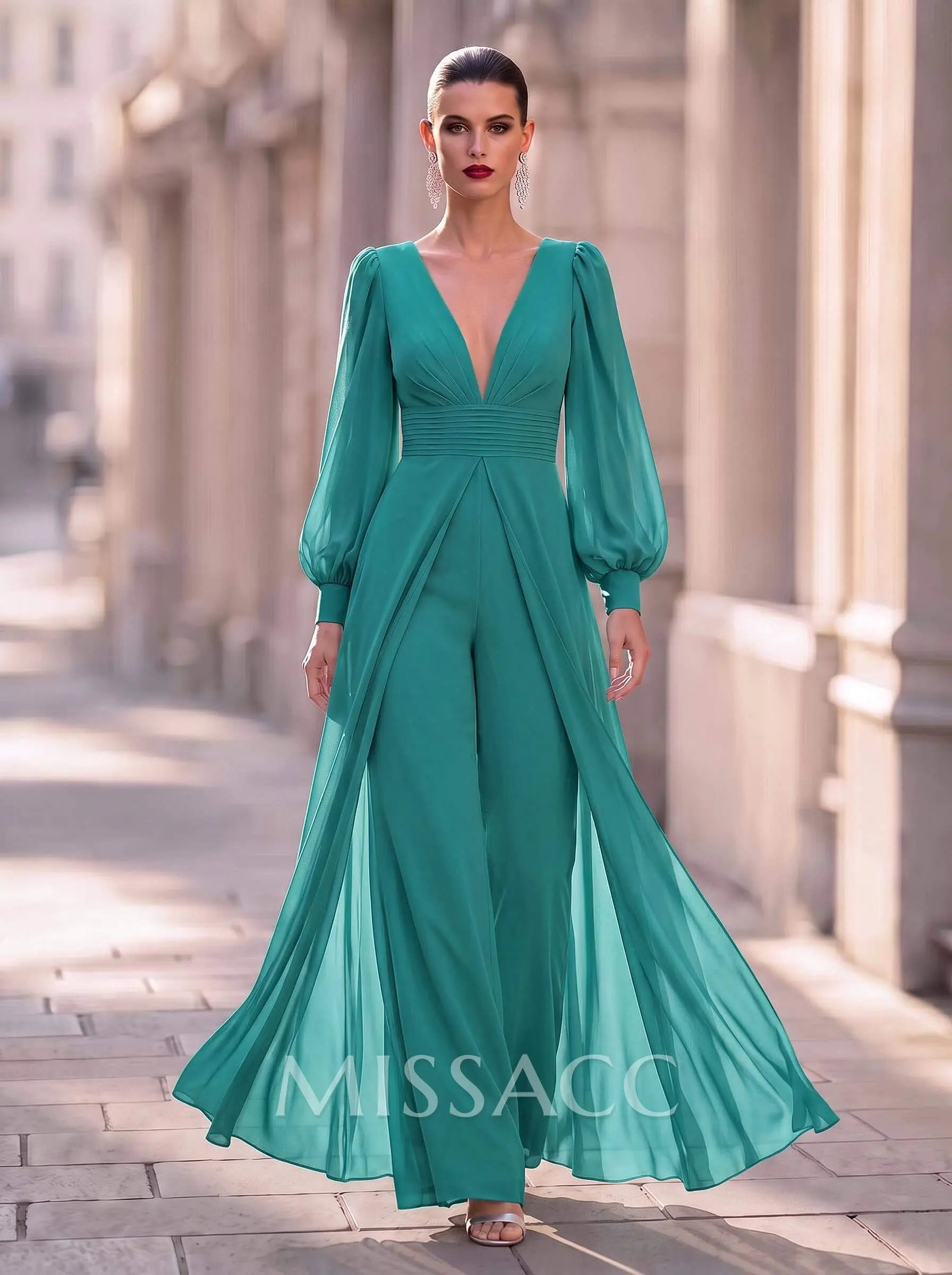 Jumpsuit/Pantsuit Plunge Neck Long Sleeves Floor-Length Chiffon