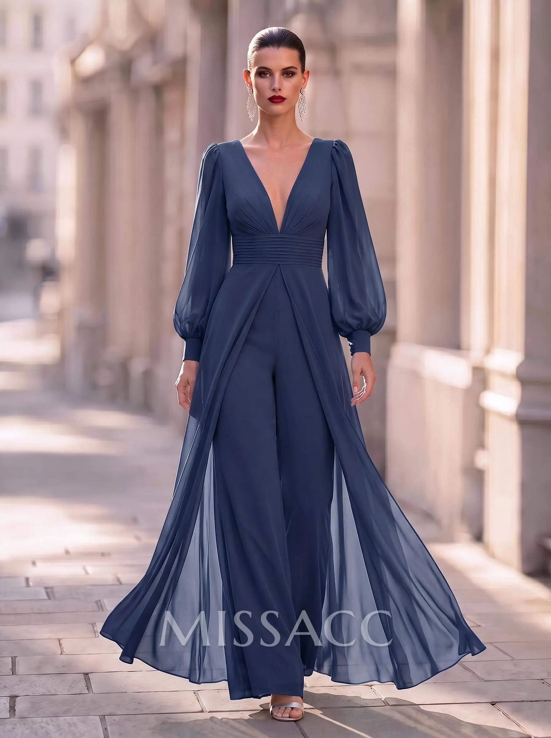 Jumpsuit/Pantsuit Plunge Neck Long Sleeves Floor-Length Chiffon
