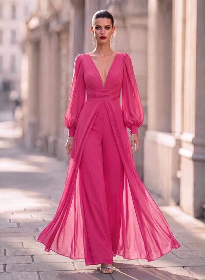 Mother of the Bride Chiffon Jumpsuit/Pantsuit, Plunge Neck, Long Sleeve, Floor-Length with Overskirt