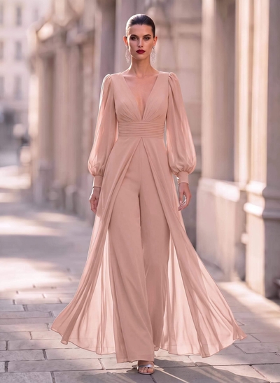 Jumpsuit/Pantsuit Plunge Neck Long Sleeves Floor-Length Chiffon Mother Of The Bride Dresses With Overskirt Dress
