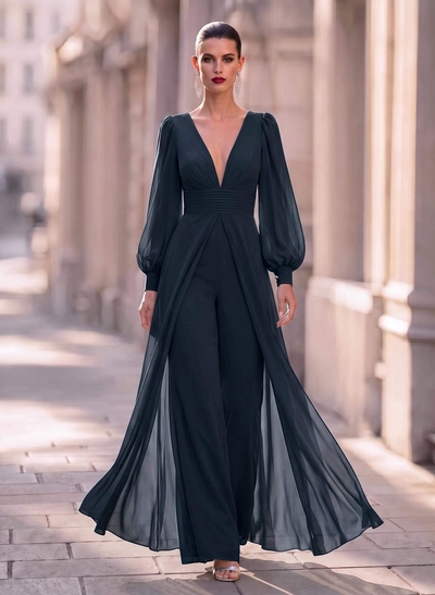 Jumpsuit/Pantsuit Plunge Neck Long Sleeves Floor-Length Chiffon Mother Of The Bride Dresses With Overskirt Dress