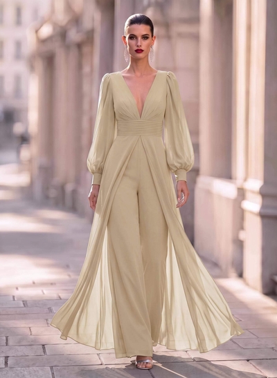 Jumpsuit/Pantsuit Plunge Neck Long Sleeves Floor-Length Chiffon Mother Of The Bride Dresses With Overskirt Dress