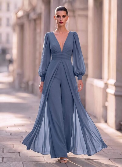 Jumpsuit/Pantsuit Plunge Neck Long Sleeves Floor-Length Chiffon Mother Of The Bride Dresses With Overskirt Dress