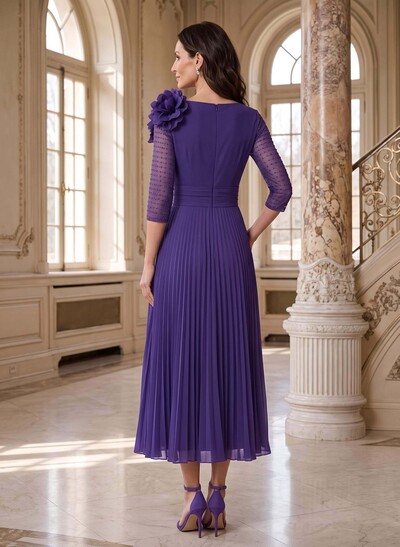 A-Line V-Neck 3/4 Sleeves Tea-Length Chiffon Mother Of The Bride Dresses With Pleated/Flower(s)