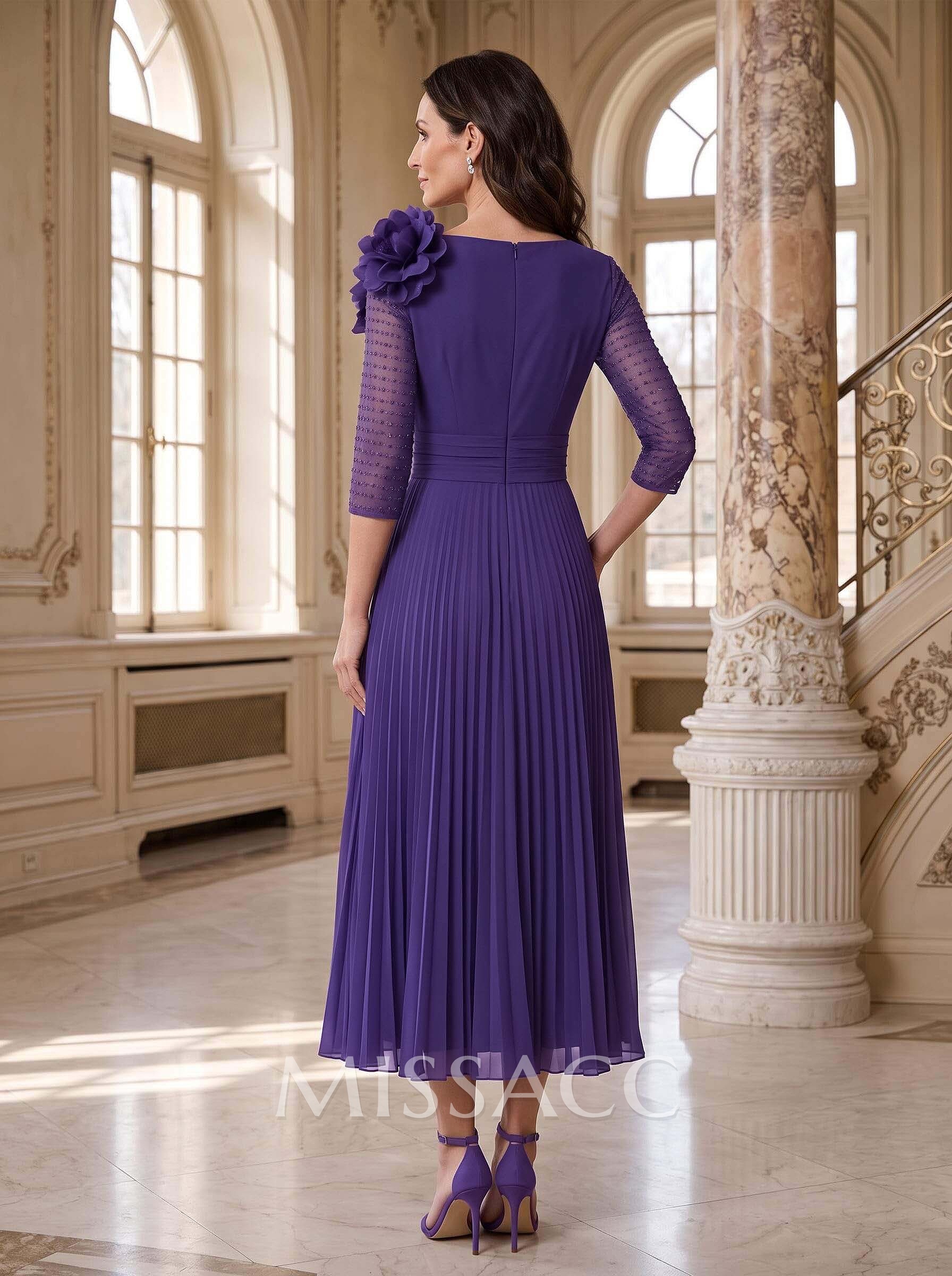 A-Line V-Neck 3/4 Sleeves Tea-Length Chiffon Mother Of The Bride Dresses With Pleated/Flower(s)
