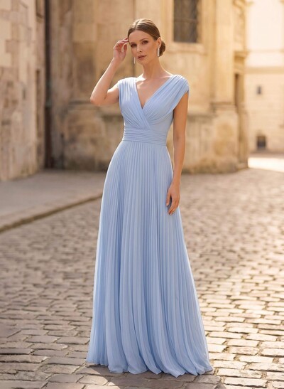 Elegant A-Line V-Neck Sleeveless Floor-Length Chiffon Mother Of The Bride Dresses With Pleated