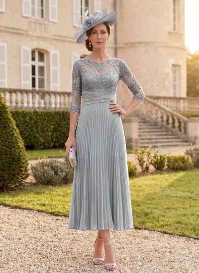 A-Line Illusion Neck 1/2 Sleeves Ankle-Length Chiffon Mother Of The Bride Dresses