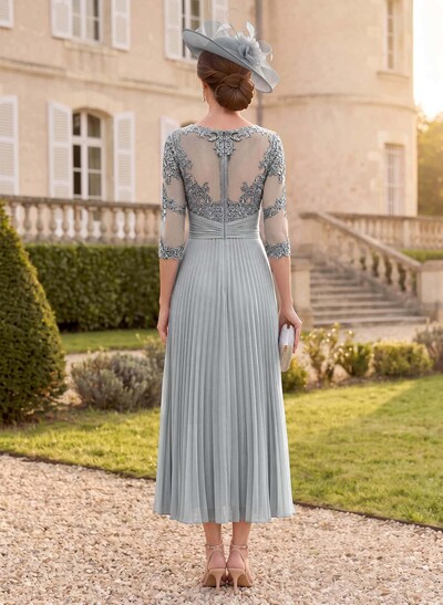 A-Line Illusion Neck 1/2 Sleeves Ankle-Length Chiffon Mother Of The Bride Dresses