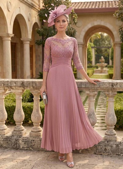 A-Line Scoop Neck 3/4 Sleeves Ankle-Length Chiffon Mother Of The Bride Dresses With Pleated/Appliques Lace
