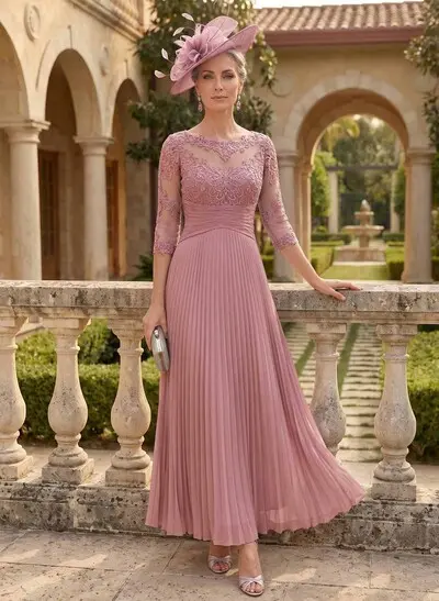 A-Line Scoop Neck 3/4 Sleeves Ankle-Length Chiffon Mother Of The Bride Dresses With Pleated/Appliques Lace
