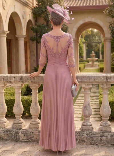 A-Line Scoop Neck 3/4 Sleeves Ankle-Length Chiffon Mother Of The Bride Dresses With Pleated/Appliques Lace