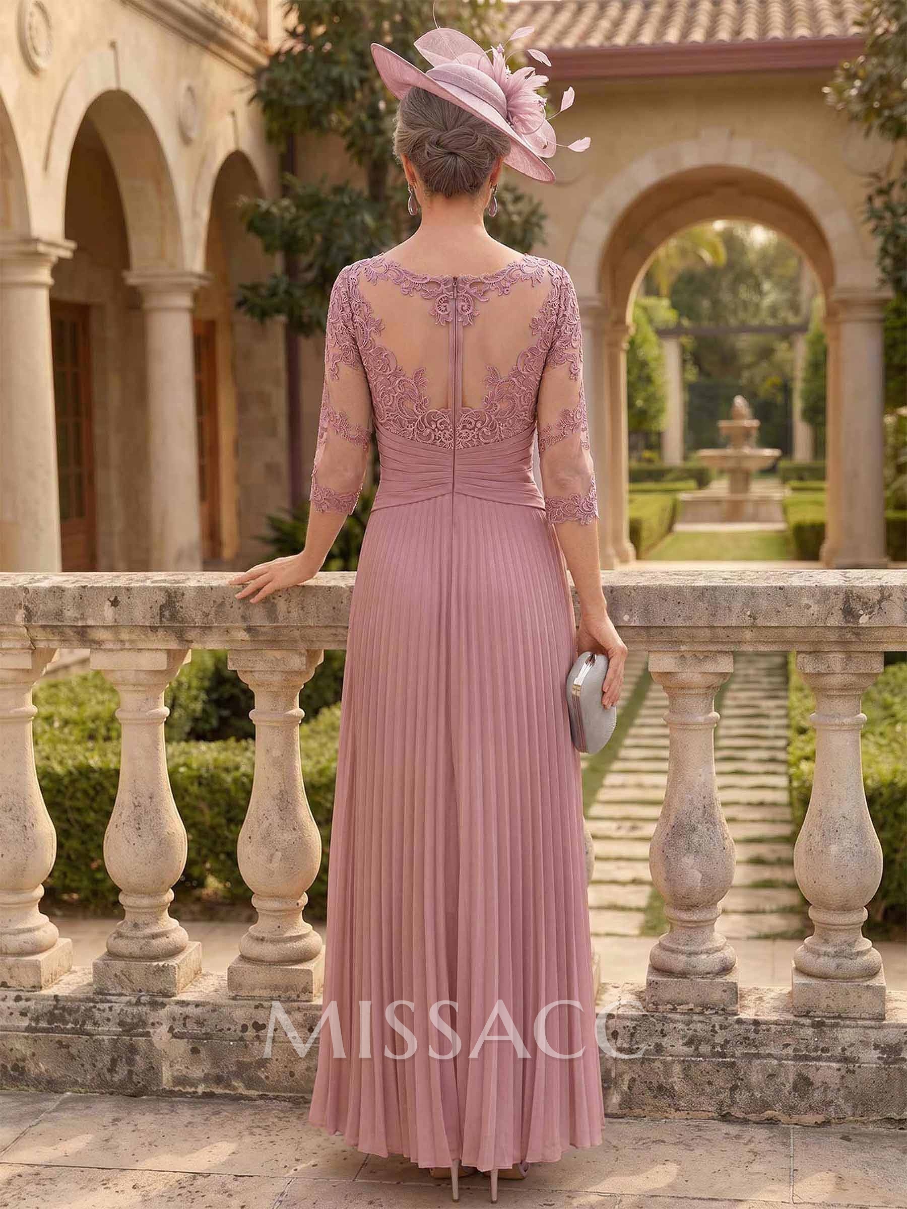 A-Line Scoop Neck 3/4 Sleeves Ankle-Length Chiffon Mother Of The Bride Dresses With Pleated/Appliques Lace