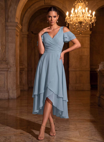 A-Line V-Neck Sleeveless Asymmetrical Chiffon Mother Of The Bride Dresses