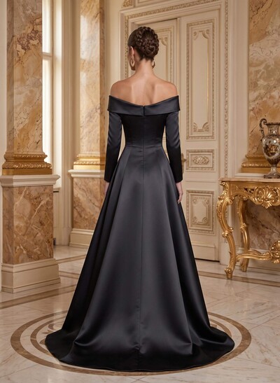 A-Line Off-The-Shoulder Long Sleeves Floor-Length Satin Mother Of The Bride Dresses