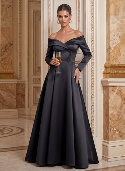 A-Line Off-The-Shoulder Long Sleeves Floor-Length Satin Mother Of The Bride Dresses