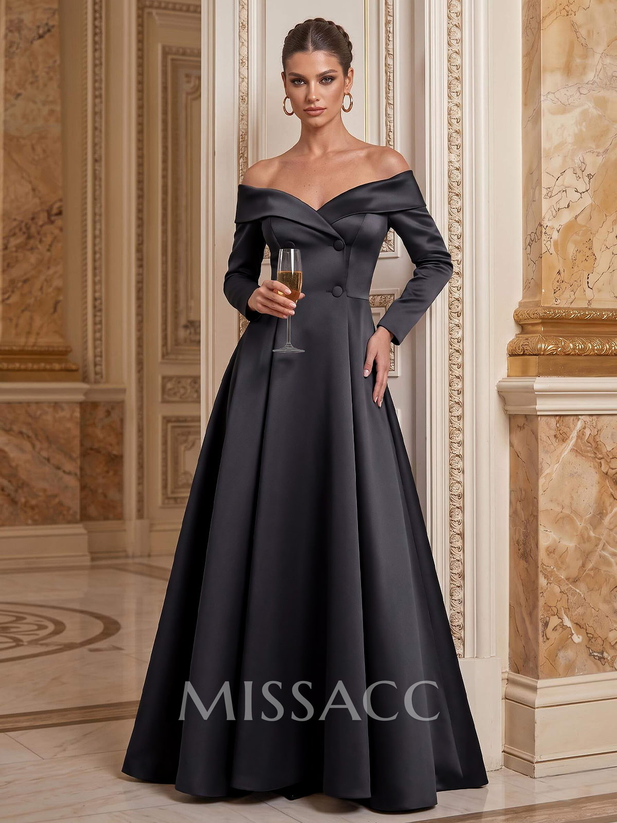 A-Line Off-The-Shoulder Long Sleeves Floor-Length Satin Mother Of The Bride Dresses