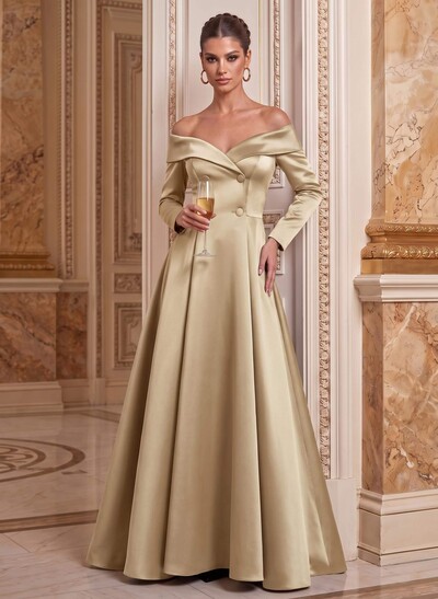 A-Line Off-The-Shoulder Long Sleeve Floor-Length Satin Mother Of The Bride Dresses