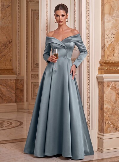 A-Line Off-The-Shoulder Long Sleeves Floor-Length Satin Mother Of The Bride Dresses