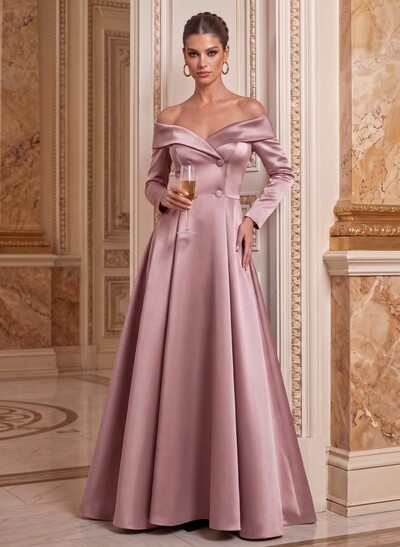 A-Line Off-The-Shoulder Long Sleeve Maxi Satin Mother of the Bride Dresses