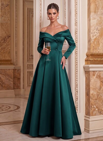 A-Line Off-The-Shoulder Long Sleeves Floor-Length Satin Mother Of The Bride Dresses