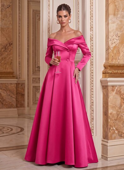 A-Line Off-The-Shoulder Long Sleeve Maxi Satin Mother Of The Bride Dresses
