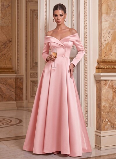 A-Line Off-The-Shoulder Long Sleeves Floor-Length Satin Mother Of The Bride Dresses