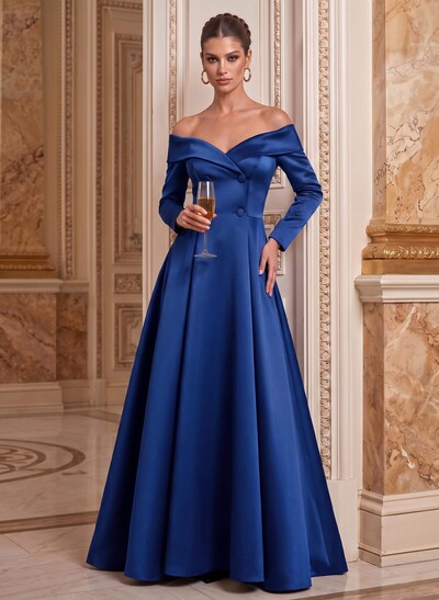 A-Line Off-The-Shoulder Long Sleeves Floor-Length Satin Mother Of The Bride Dresses