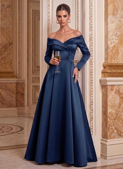A-Line Off-The-Shoulder Long Sleeves Floor-Length Satin Mother Of The Bride Dresses