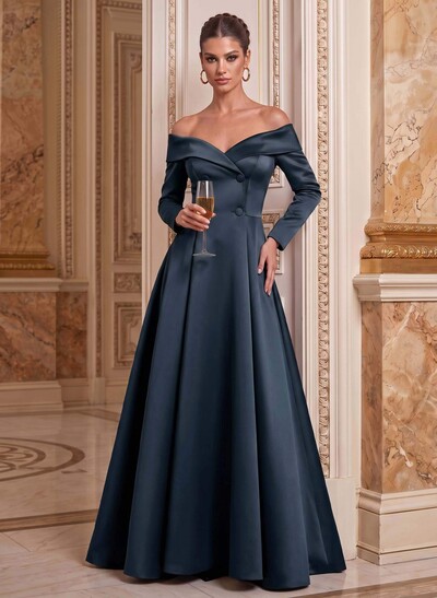 A-Line Off-The-Shoulder Long Sleeves Floor-Length Satin Mother Of The Bride Dresses