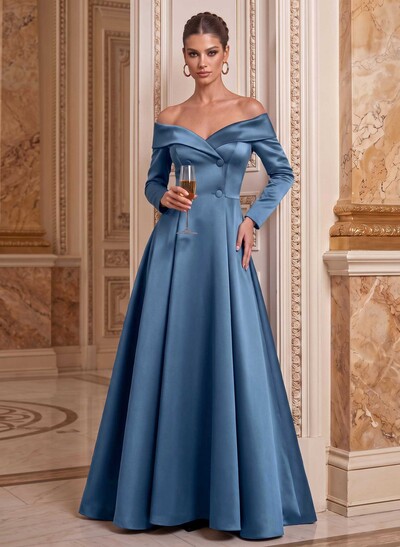 A-Line Off-The-Shoulder Long Sleeve Floor-Length Satin Mother Of The Bride Dresses