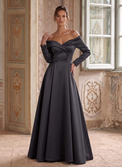 A-Line Off-The-Shoulder Long Sleeves Floor-Length Satin Mother Of The Bride Dresses