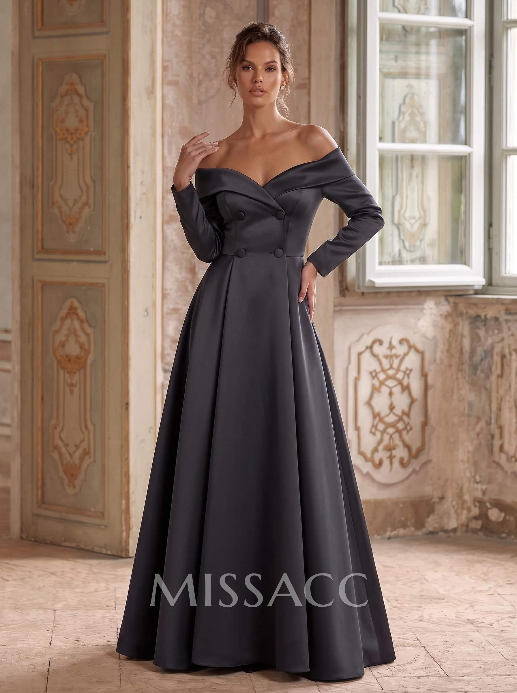 A-Line Off-The-Shoulder Long Sleeves Floor-Length Satin Mother Of The Bride Dresses