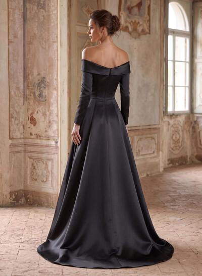 A-Line Off-The-Shoulder Long Sleeves Floor-Length Satin Mother Of The Bride Dresses