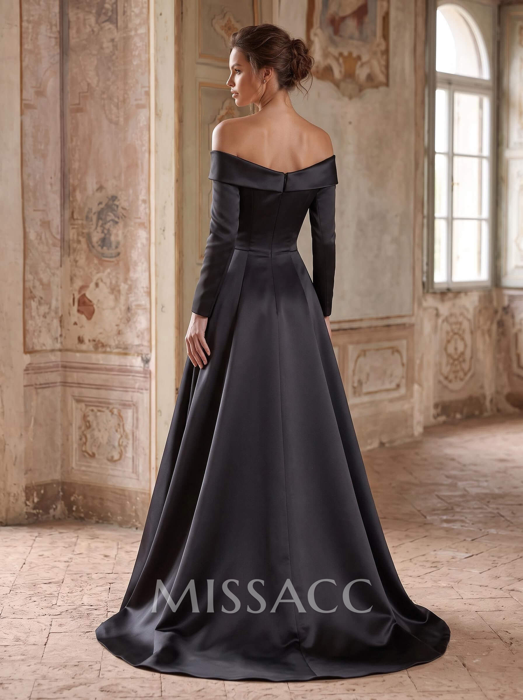 A-Line Off-The-Shoulder Long Sleeves Floor-Length Satin Mother Of The Bride Dresses