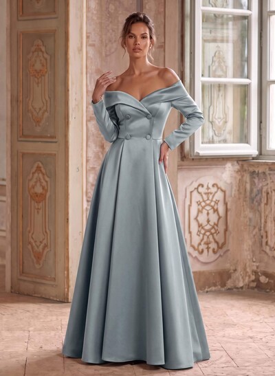 A-Line Off-The-Shoulder Long Sleeves Floor-Length Satin Mother Of The Bride Dresses