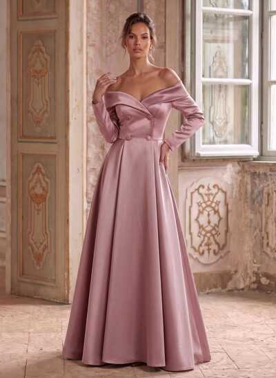 A-Line Off-The-Shoulder Long Sleeve Maxi Satin Mother Of The Bride Dresses