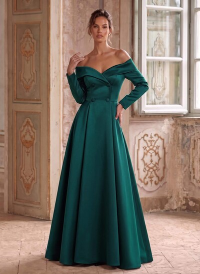 A-Line Off-The-Shoulder Long Sleeves Floor-Length Satin Mother Of The Bride Dresses