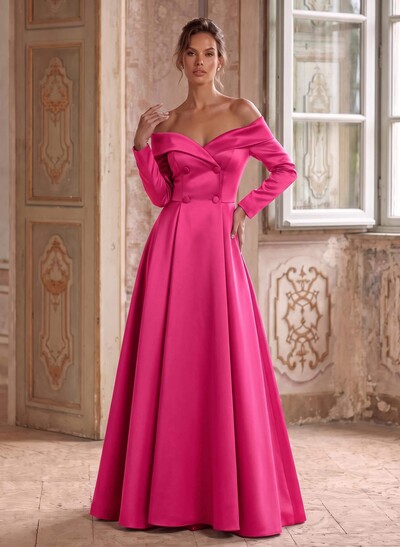 A-Line Off-The-Shoulder Long Sleeves Floor-Length Satin Mother Of The Bride Dresses