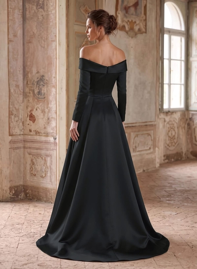 A-Line Off-The-Shoulder Long Sleeves Floor-Length Satin Mother Of The Bride Dresses