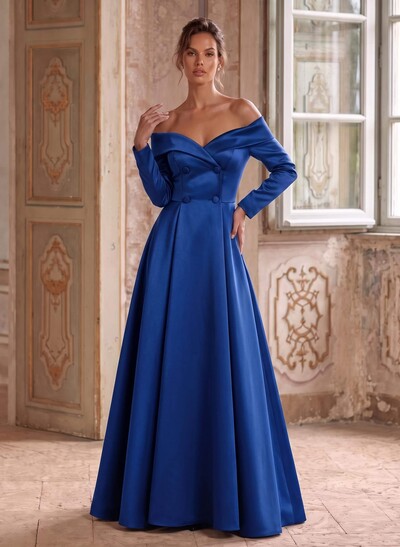A-Line Off-The-Shoulder Long Sleeves Floor-Length Satin Mother Of The Bride Dresses