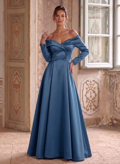 A-Line Off-The-Shoulder Long Sleeve Floor-Length Satin Mother Of The Bride Dresses