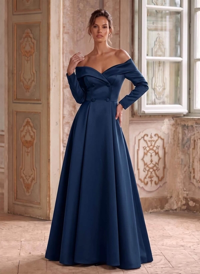 A-Line Off-The-Shoulder Long Sleeves Floor-Length Satin Mother Of The Bride Dresses