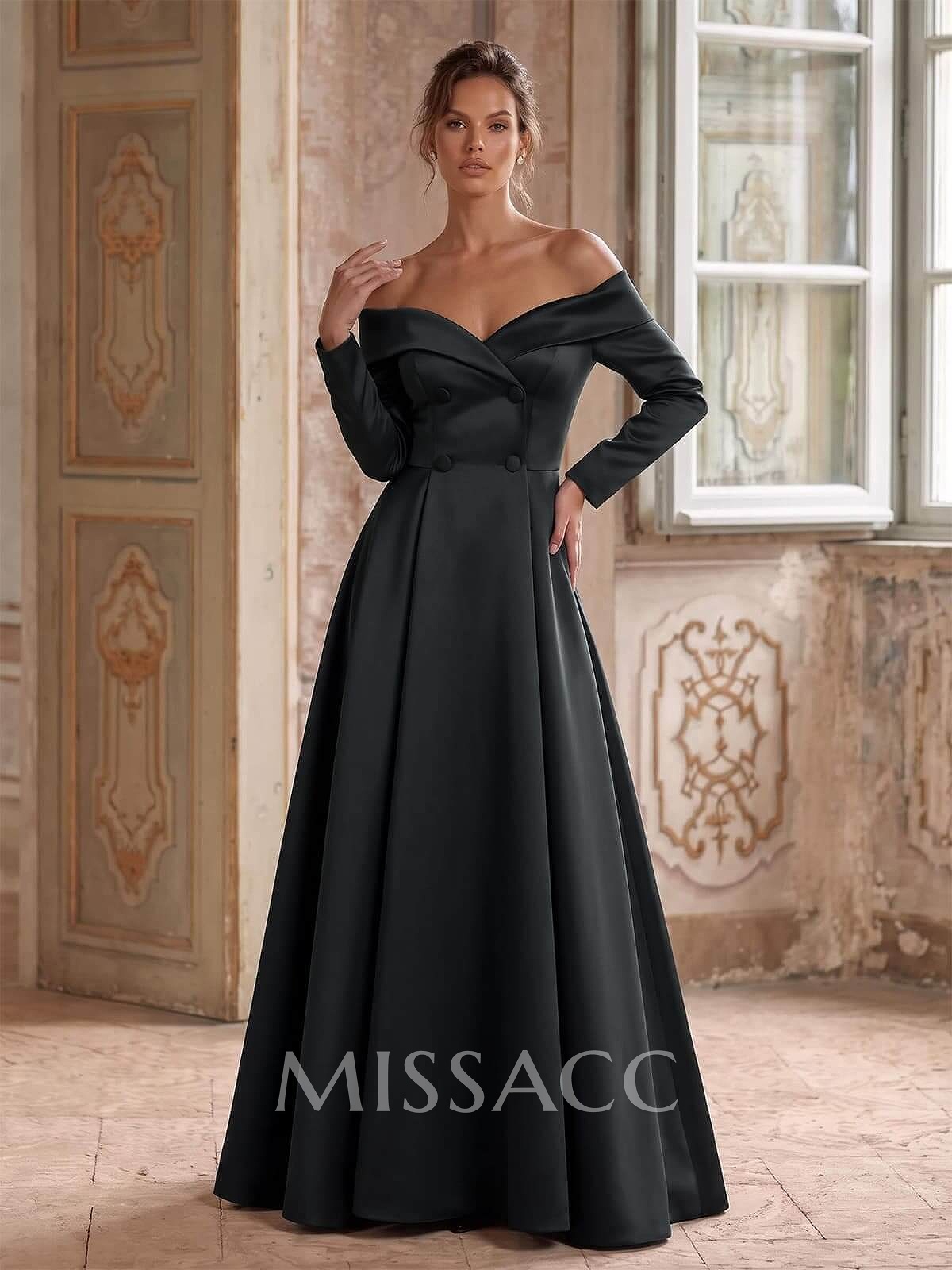 A-Line Off-The-Shoulder Long Sleeves Floor-Length Satin Mother Of The Bride Dresses