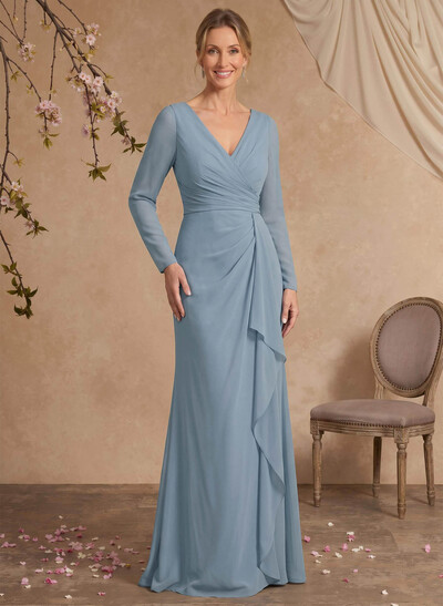 Sheath/Column V-Neck Long Sleeves Floor-Length Chiffon Mother Of The Bride Dresses With Ruffle