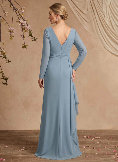 Sheath/Column V-Neck Long Sleeves Floor-Length Chiffon Mother Of The Bride Dresses With Ruffle