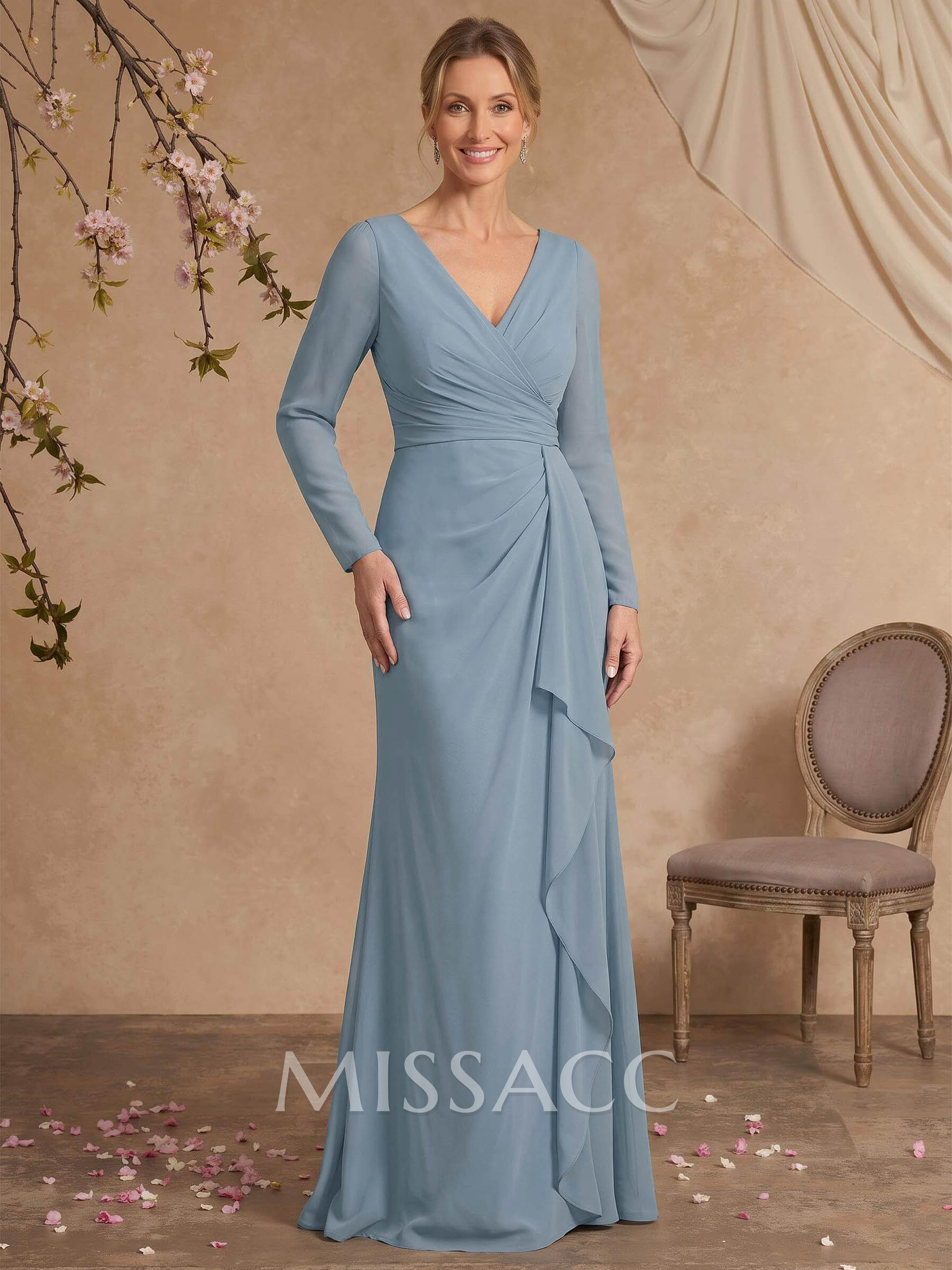 Sheath/Column V-Neck Long Sleeves Floor-Length Chiffon Mother Of The Bride Dresses With Ruffle